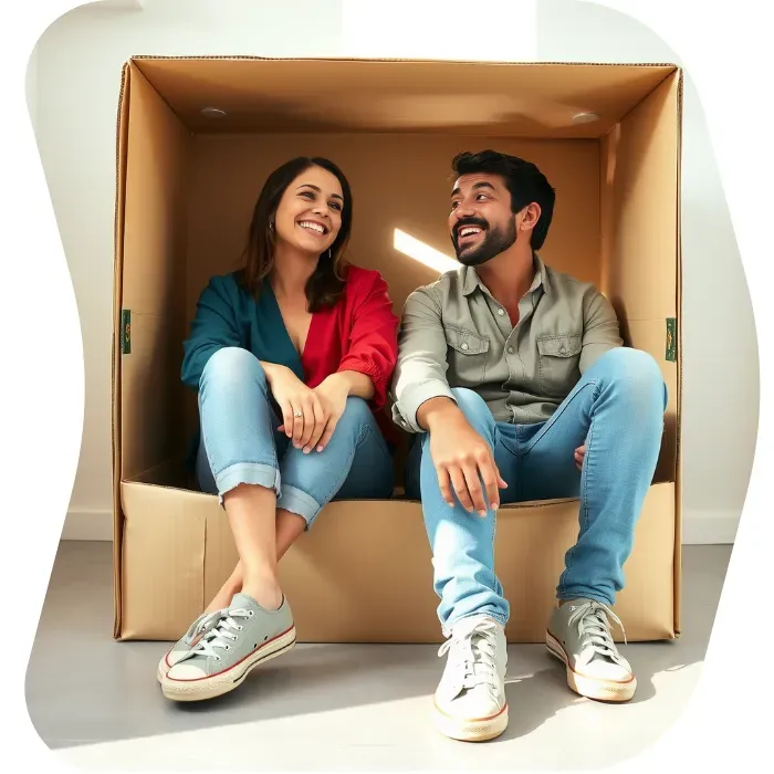 Two guys sitting on the floor of their apartment with Muval moving boxes