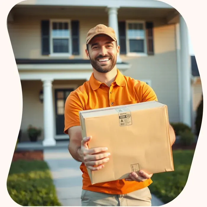 Two removalists moving boxes up stairs